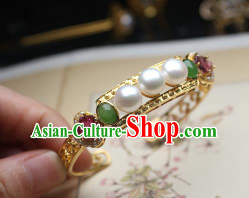 China Traditional Qing Dynasty Tourmaline Pearls Bracelet Accessories Handmade Golden Bangle Jewelry China Traditional Qing Dynasty Tourmaline Pearls Bracelet Accessories Handmade Golden Bangle Jewelry