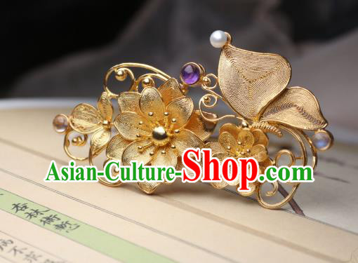 Chinese Handmade Golden Lotus Hair Stick Traditional Ancient Princess Amethyst Hairpin Chinese Handmade Golden Lotus Hair Stick Traditional Ancient Princess Amethyst Hairpin