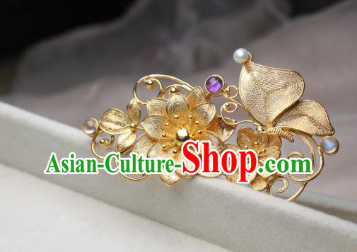 Chinese Handmade Golden Lotus Hair Stick Traditional Ancient Princess Amethyst Hairpin Chinese Handmade Golden Lotus Hair Stick Traditional Ancient Princess Amethyst Hairpin