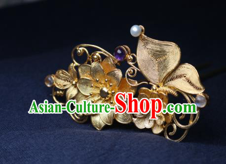 Chinese Handmade Golden Lotus Hair Stick Traditional Ancient Princess Amethyst Hairpin Chinese Handmade Golden Lotus Hair Stick Traditional Ancient Princess Amethyst Hairpin