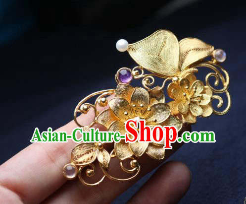 Chinese Handmade Golden Lotus Hair Stick Traditional Ancient Princess Amethyst Hairpin Chinese Handmade Golden Lotus Hair Stick Traditional Ancient Princess Amethyst Hairpin