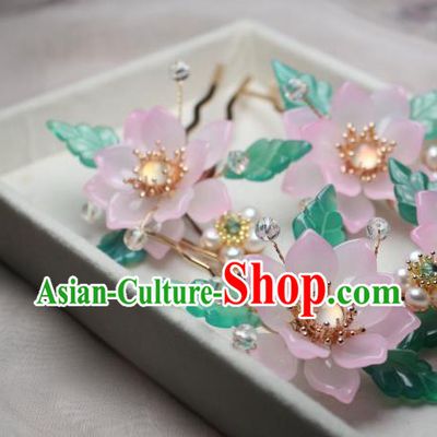 Chinese Handmade Pink Epiphyllum Hair Stick Traditional Ancient Princess White Chalcedony Hairpin