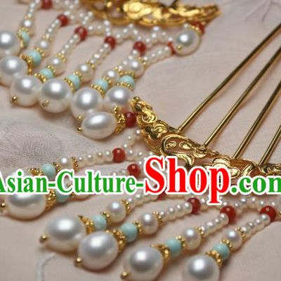 Chinese Handmade Ming Dynasty Golden Cloud Hair Stick Traditional Ancient Princess Pearls Tassel Hairpin