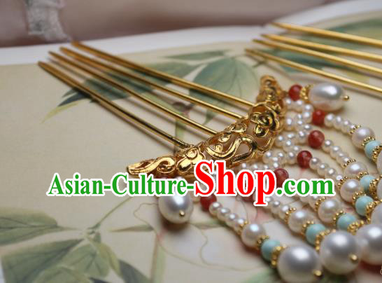 Chinese Handmade Ming Dynasty Golden Cloud Hair Stick Traditional Ancient Princess Pearls Tassel Hairpin Chinese Handmade Ming Dynasty Golden Cloud Hair Stick Traditional Ancient Princess Pearls Tassel Hairpin