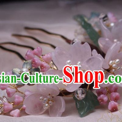 Chinese Handmade Sakura Hair Comb Traditional Ancient Princess Rose Quartz Hairpin Headwear