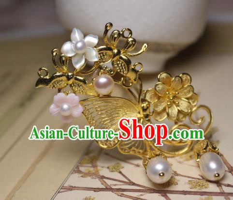 Chinese Handmade Golden Butterfly Hair Stick Traditional Ancient Princess Shell Flower Hairpin Chinese Handmade Golden Butterfly Hair Stick Traditional Ancient Princess Shell Flower Hairpin