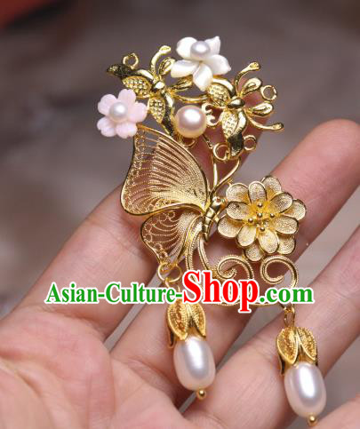 Chinese Handmade Golden Butterfly Hair Stick Traditional Ancient Princess Shell Flower Hairpin Chinese Handmade Golden Butterfly Hair Stick Traditional Ancient Princess Shell Flower Hairpin