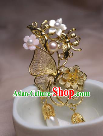 Chinese Handmade Golden Butterfly Hair Stick Traditional Ancient Princess Shell Flower Hairpin Chinese Handmade Golden Butterfly Hair Stick Traditional Ancient Princess Shell Flower Hairpin
