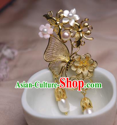 Chinese Handmade Golden Butterfly Hair Stick Traditional Ancient Princess Shell Flower Hairpin Chinese Handmade Golden Butterfly Hair Stick Traditional Ancient Princess Shell Flower Hairpin