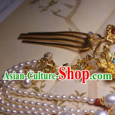 Chinese Handmade Golden Lotus Hair Comb Traditional Ancient Princess Pearls Tassel Hairpin Headwear