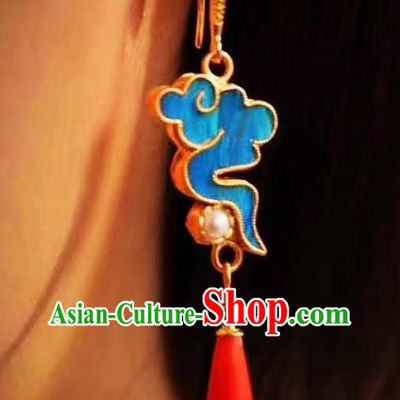China Traditional Cheongsam Blue Cloud Earrings Classical Pearl Agate Ear Jewelry