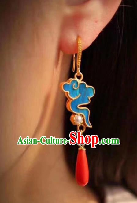 China Traditional Cheongsam Blue Cloud Earrings Classical Pearl Agate Ear Jewelry