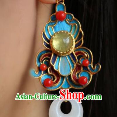 China Traditional Cheongsam White Jade Earrings Classical Chalcedony Ear Jewelry