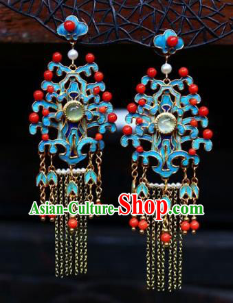 China Traditional Cheongsam Golden Tassel Earrings Classical Red Beads Ear Jewelry China Traditional Cheongsam Golden Tassel Earrings Classical Red Beads Ear Jewelry