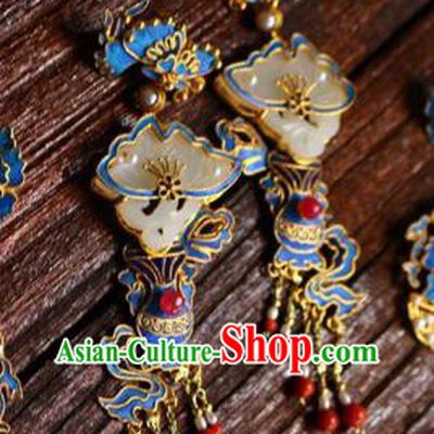 China Classical Red Beads Tassel Ear Jewelry Traditional Cheongsam Jade Flower Earrings
