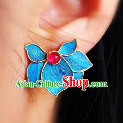 China Classical Garnet Ear Jewelry Traditional Cheongsam Blue Orchids Earrings