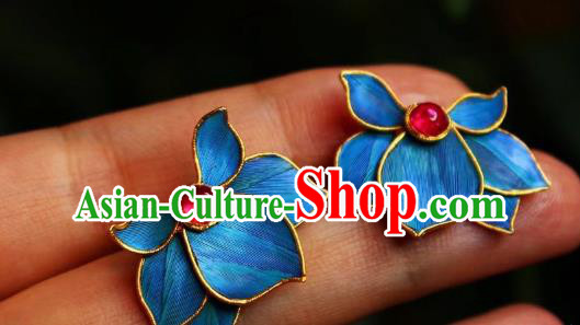 China Classical Garnet Ear Jewelry Traditional Cheongsam Blue Orchids Earrings China Classical Garnet Ear Jewelry Traditional Cheongsam Blue Orchids Earrings