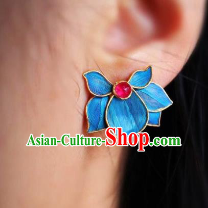 China Classical Garnet Ear Jewelry Traditional Cheongsam Blue Orchids Earrings China Classical Garnet Ear Jewelry Traditional Cheongsam Blue Orchids Earrings
