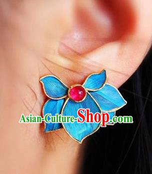 China Classical Garnet Ear Jewelry Traditional Cheongsam Blue Orchids Earrings China Classical Garnet Ear Jewelry Traditional Cheongsam Blue Orchids Earrings