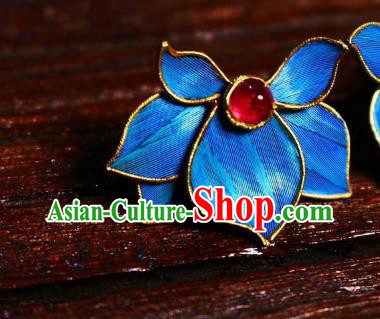 China Classical Garnet Ear Jewelry Traditional Cheongsam Blue Orchids Earrings China Classical Garnet Ear Jewelry Traditional Cheongsam Blue Orchids Earrings