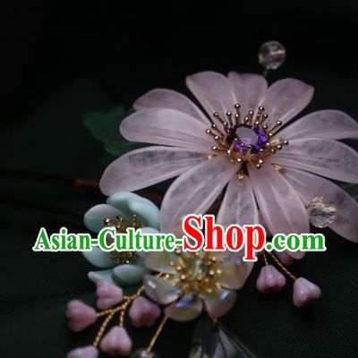 Chinese Handmade Amethyst Hair Stick Traditional Ancient Princess Pink Chrysanthemum Hairpin Headpiece