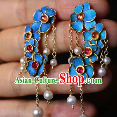 China Classical Tourmaline Ear Jewelry Traditional Cheongsam Pearls Tassel Earrings