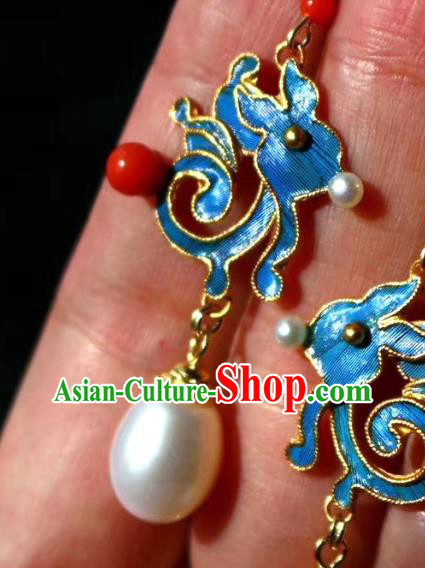China Classical Pearl Ear Jewelry Traditional Cheongsam Blue Rabbit Earrings China Classical Pearl Ear Jewelry Traditional Cheongsam Blue Rabbit Earrings