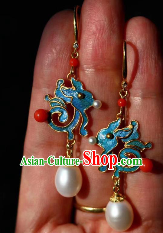 China Classical Pearl Ear Jewelry Traditional Cheongsam Blue Rabbit Earrings China Classical Pearl Ear Jewelry Traditional Cheongsam Blue Rabbit Earrings
