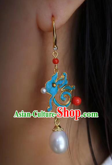 China Classical Pearl Ear Jewelry Traditional Cheongsam Blue Rabbit Earrings China Classical Pearl Ear Jewelry Traditional Cheongsam Blue Rabbit Earrings