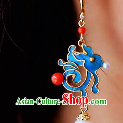 China Classical Pearl Ear Jewelry Traditional Cheongsam Blue Rabbit Earrings