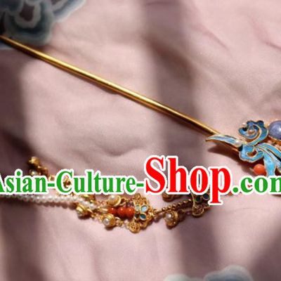 Chinese Handmade Pearls Tassel Hair Stick Traditional Ancient Qing Dynasty Imperial Consort Lapis Hairpin