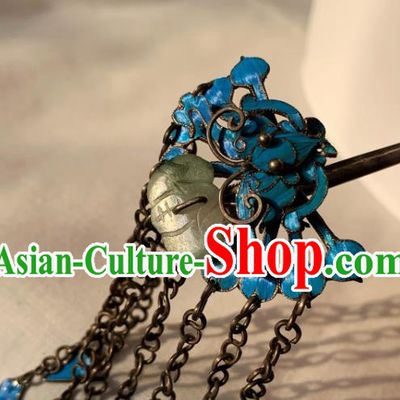 Chinese Handmade Blue Butterfly Hair Stick Traditional Ancient Qing Dynasty Jade Tassel Hairpin
