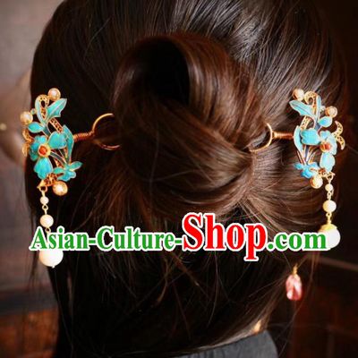 Chinese Handmade Pearls Tassel Hair Stick Traditional Ancient Qing Dynasty Filigree Golden Hairpin