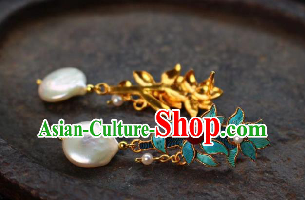 China Classical Bamboo Leaf Ear Jewelry Traditional Cheongsam Tourmaline Pearl Earrings China Classical Bamboo Leaf Ear Jewelry Traditional Cheongsam Tourmaline Pearl Earrings