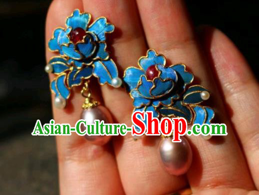 China Classical Tourmaline Pearl Ear Jewelry Traditional Cheongsam Blue Peony Earrings China Classical Tourmaline Pearl Ear Jewelry Traditional Cheongsam Blue Peony Earrings