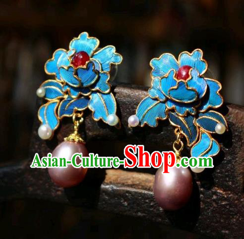 China Classical Tourmaline Pearl Ear Jewelry Traditional Cheongsam Blue Peony Earrings China Classical Tourmaline Pearl Ear Jewelry Traditional Cheongsam Blue Peony Earrings