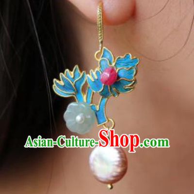 China Classical Pearl Ear Jewelry Traditional Cheongsam Tourmaline Jade Earrings