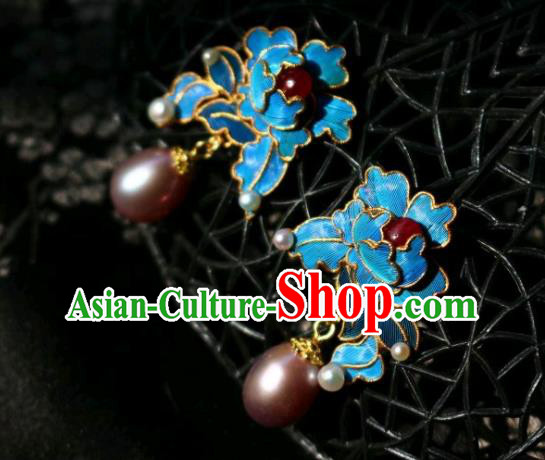 China Classical Tourmaline Pearl Ear Jewelry Traditional Cheongsam Blue Peony Earrings China Classical Tourmaline Pearl Ear Jewelry Traditional Cheongsam Blue Peony Earrings