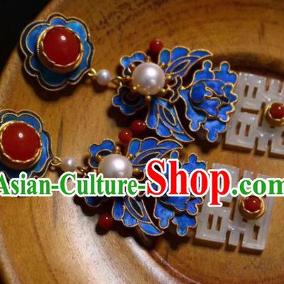 China Classical Wedding Jade Ear Jewelry Traditional Cheongsam Blueing Agate Earrings