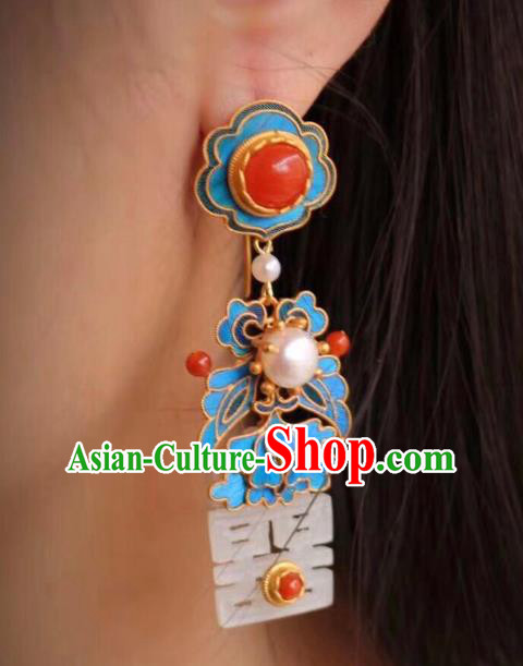 China Classical Wedding Jade Ear Jewelry Traditional Cheongsam Blueing Agate Earrings China Classical Wedding Jade Ear Jewelry Traditional Cheongsam Blueing Agate Earrings