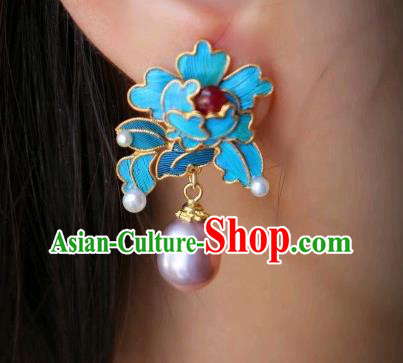 China Classical Tourmaline Pearl Ear Jewelry Traditional Cheongsam Blue Peony Earrings China Classical Tourmaline Pearl Ear Jewelry Traditional Cheongsam Blue Peony Earrings