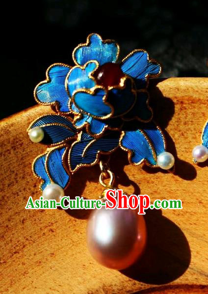 China Classical Tourmaline Pearl Ear Jewelry Traditional Cheongsam Blue Peony Earrings China Classical Tourmaline Pearl Ear Jewelry Traditional Cheongsam Blue Peony Earrings