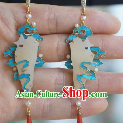 Chinese Ancient Court Lady Blueing Cloud Ear Accessories Traditional Jewelry Qing Dynasty Empress Jade Earrings