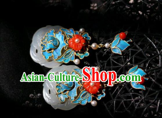 China Classical Jade Ear Jewelry Traditional Cheongsam Coral Beads Pearl Earrings China Classical Jade Ear Jewelry Traditional Cheongsam Coral Beads Pearl Earrings