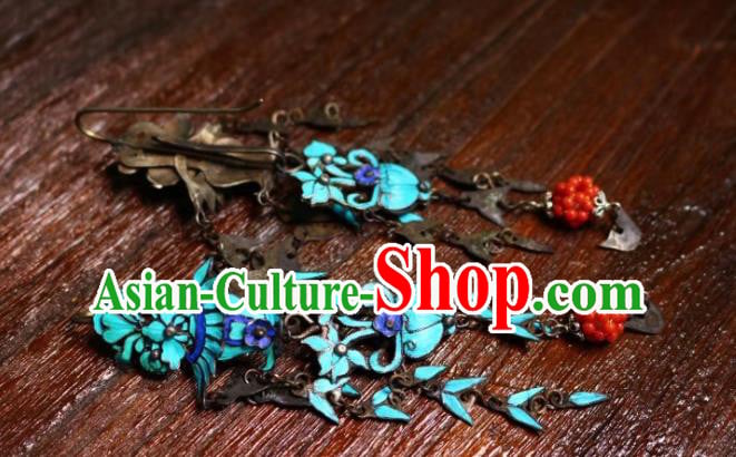 China Classical Coral Beads Ear Jewelry Traditional Cheongsam Blueing Tassel Earrings China Classical Coral Beads Ear Jewelry Traditional Cheongsam Blueing Tassel Earrings