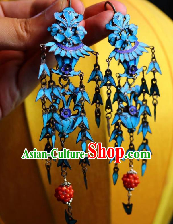 China Classical Coral Beads Ear Jewelry Traditional Cheongsam Blueing Tassel Earrings China Classical Coral Beads Ear Jewelry Traditional Cheongsam Blueing Tassel Earrings
