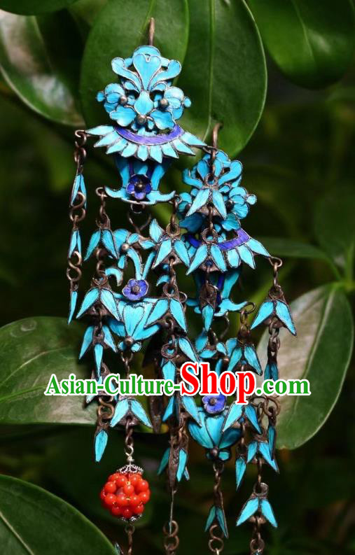 China Classical Coral Beads Ear Jewelry Traditional Cheongsam Blueing Tassel Earrings China Classical Coral Beads Ear Jewelry Traditional Cheongsam Blueing Tassel Earrings