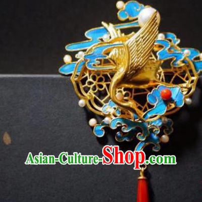 China Traditional Ancient Qing Dynasty Cloisonne Agate Jewelry Handmade Golden Crane Brooch Accessories
