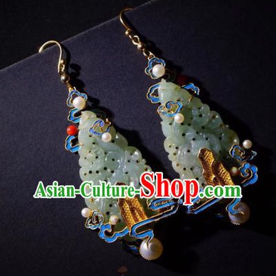 Chinese Qing Dynasty Empress Earrings Ancient Court Lady Blueing Ear Accessories Traditional Jade Jewelry