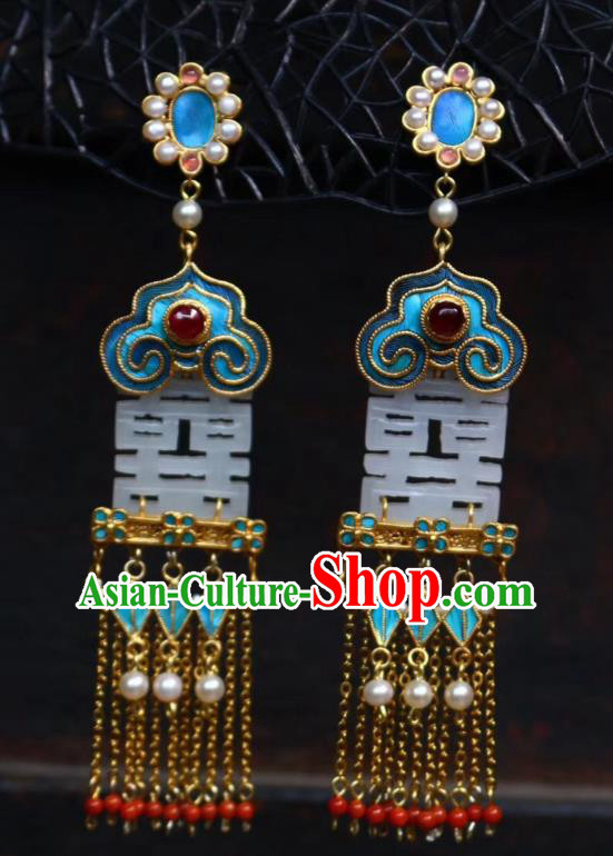China Classical Garnet Tassel Ear Jewelry Traditional Wedding Cheongsam Jade Earrings China Classical Garnet Tassel Ear Jewelry Traditional Wedding Cheongsam Jade Earrings